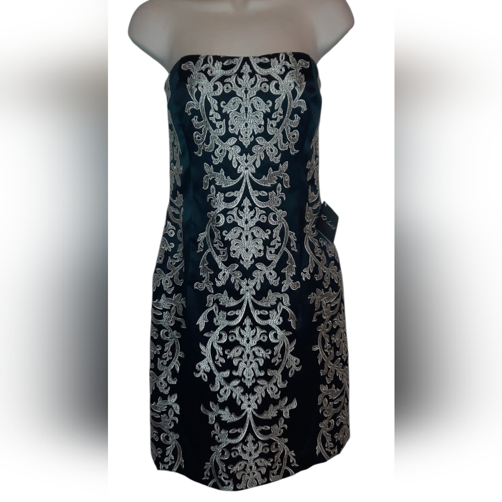 White House Black Market Strapless Black Dress with Ivory Lace Motif - Picture 4 of 12
